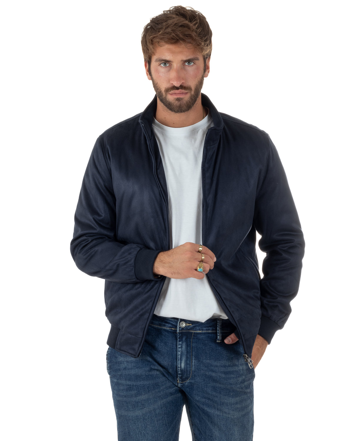 Giubbotto bomber uomo camoscio zip collo alto blu GIOSAL-G3436A