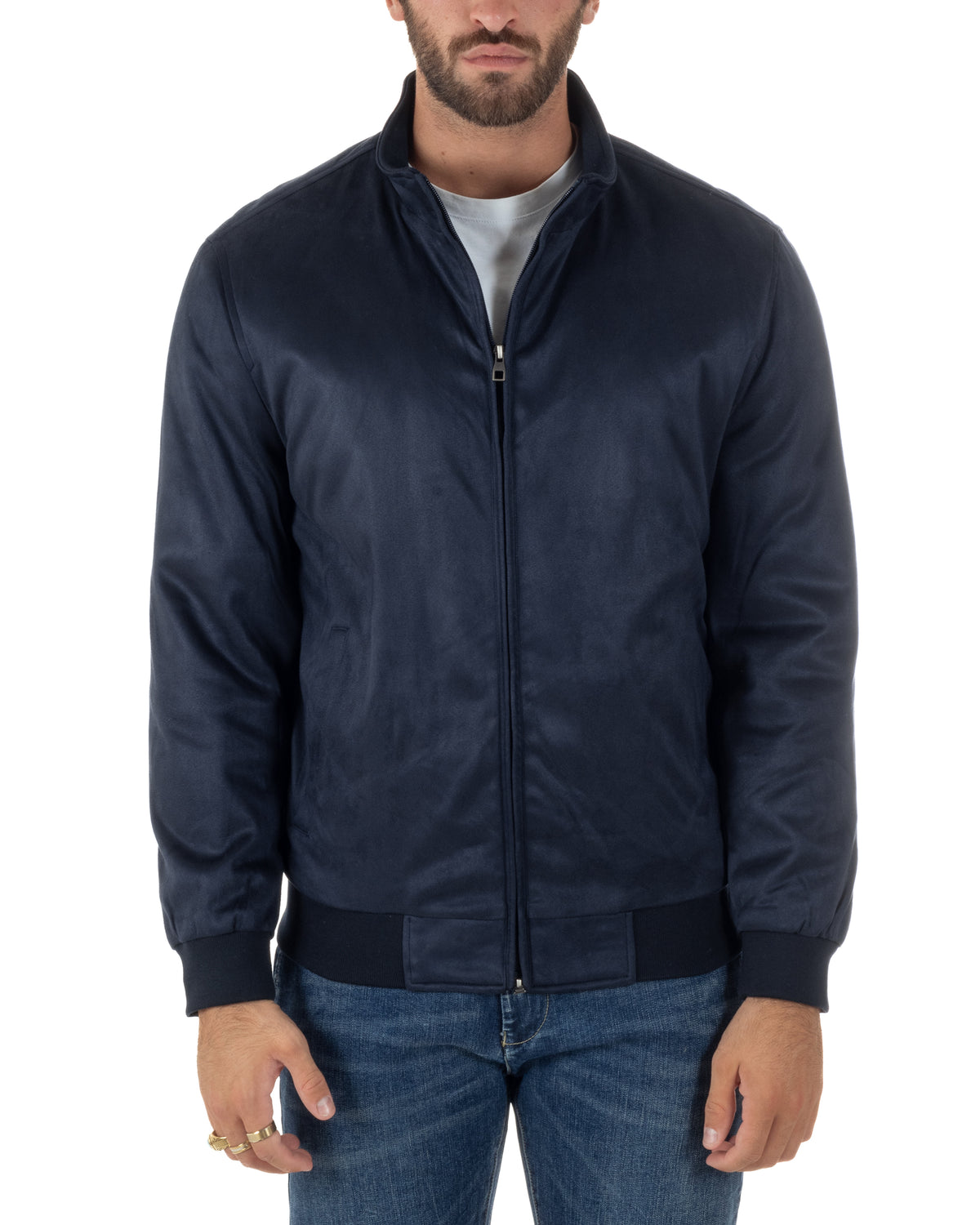 Giubbotto bomber uomo camoscio zip collo alto blu GIOSAL-G3436A