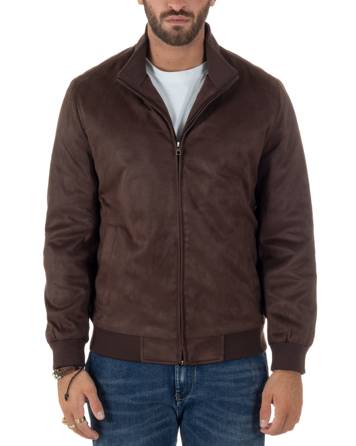 Giubbotto bomber uomo camoscio zip collo alto marrone GIOSAL-G3437A