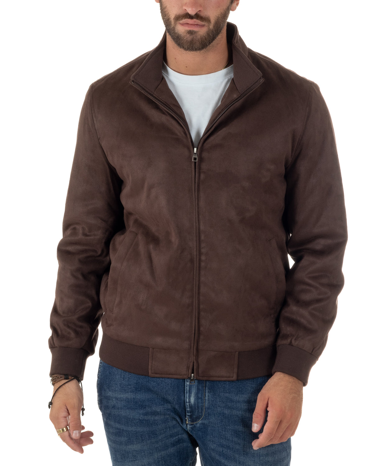 Giubbotto bomber uomo camoscio zip collo alto marrone GIOSAL-G3437A