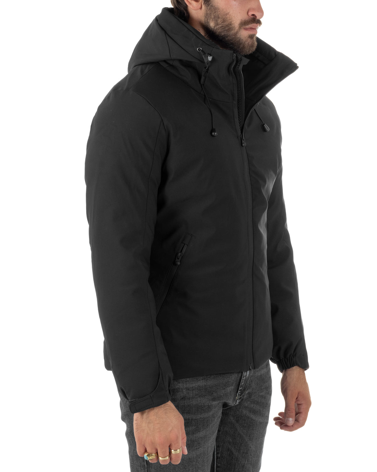 Giubbotto uomo tessuto tecnico imbottito zip cappuccio coulisse nero GIOSAL-G3439A