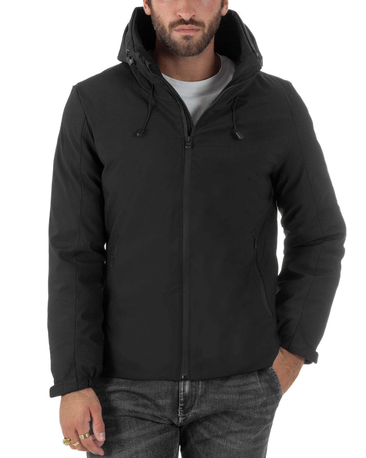 Giubbotto uomo tessuto tecnico imbottito zip cappuccio coulisse nero GIOSAL-G3439A