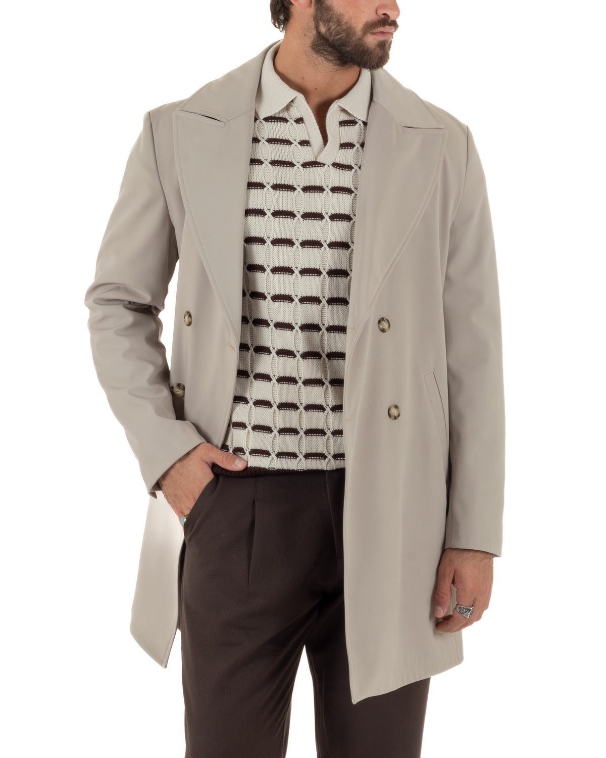 Trench cappotto uomo doppiopetto tessuto tecnico impermeabile rever a lancia beige BlackSunday-G3440A