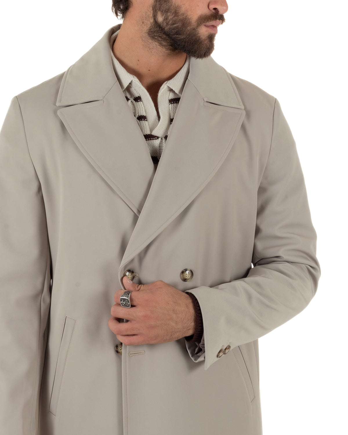 Trench cappotto uomo doppiopetto tessuto tecnico impermeabile rever a lancia beige BlackSunday-G3440A