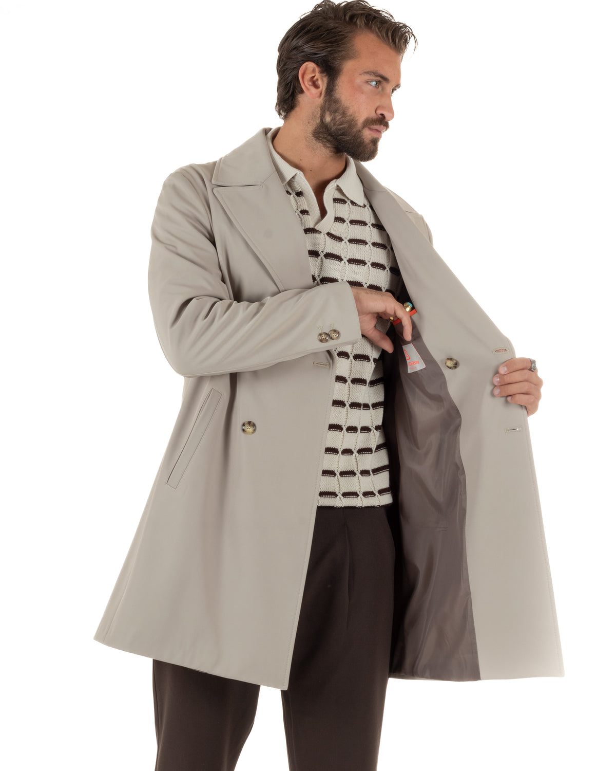 Trench cappotto uomo doppiopetto tessuto tecnico impermeabile rever a lancia beige BlackSunday-G3440A
