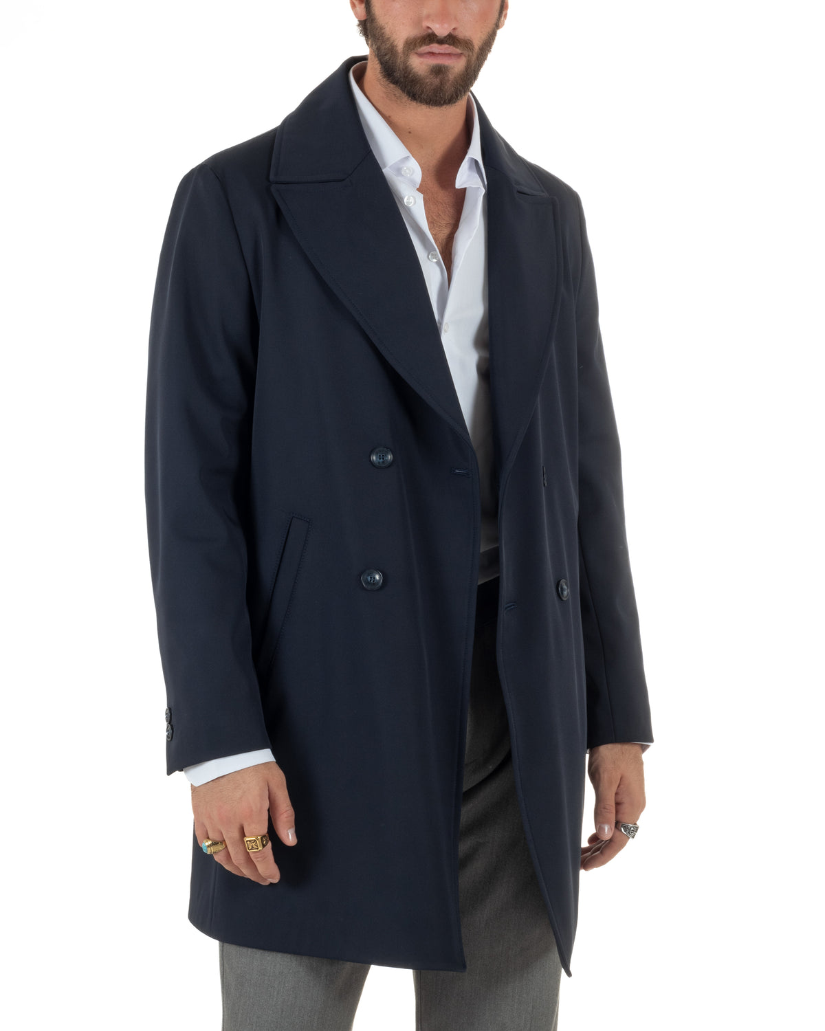 Trench cappotto uomo doppiopetto tessuto tecnico impermeabile rever a lancia blu BlackSunday-G3441A