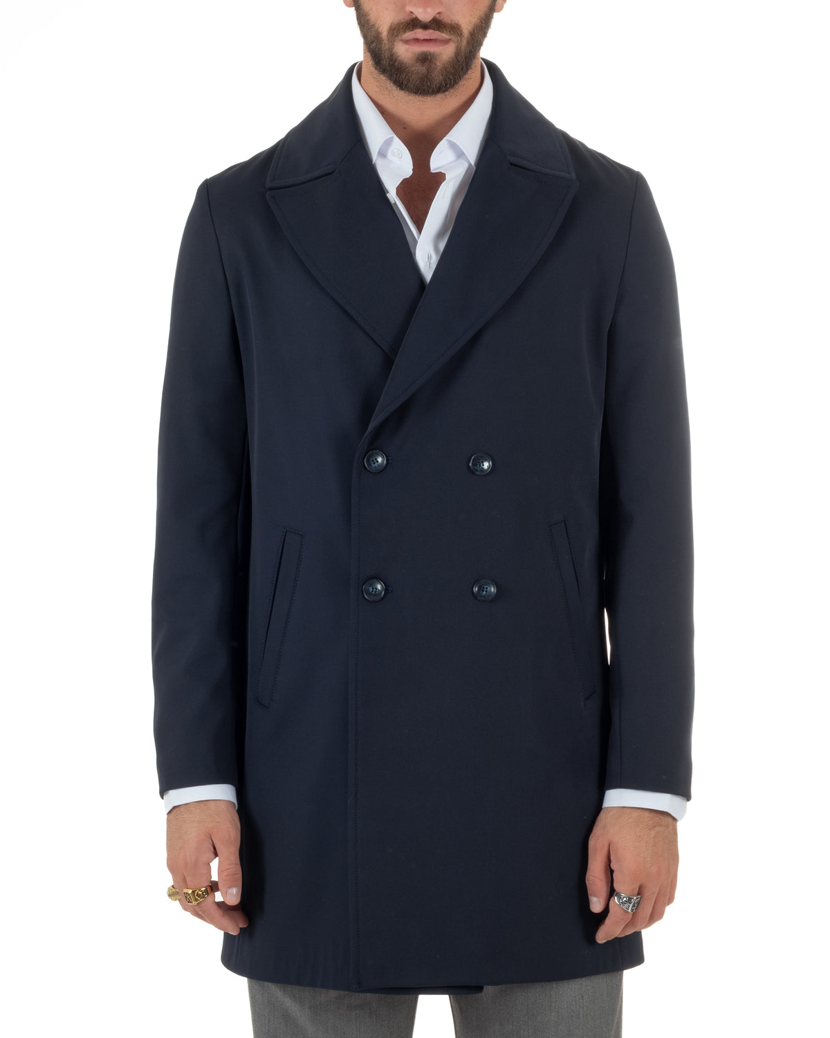 Trench cappotto uomo doppiopetto tessuto tecnico impermeabile rever a lancia blu BlackSunday-G3441A