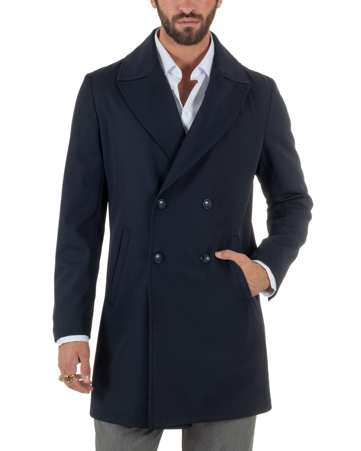 Trench cappotto uomo doppiopetto tessuto tecnico impermeabile rever a lancia blu BlackSunday-G3441A