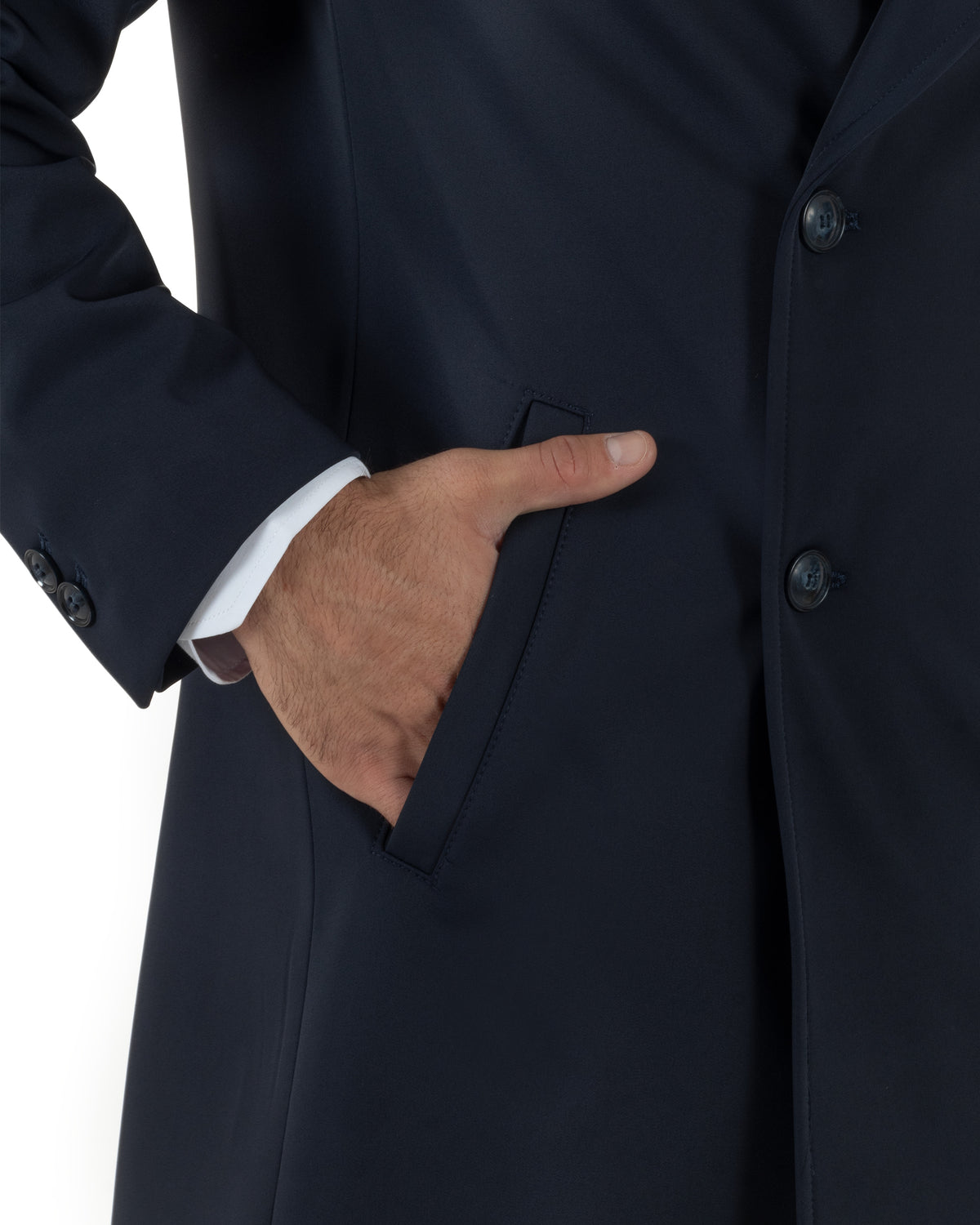 Trench cappotto uomo doppiopetto tessuto tecnico impermeabile rever a lancia blu BlackSunday-G3441A