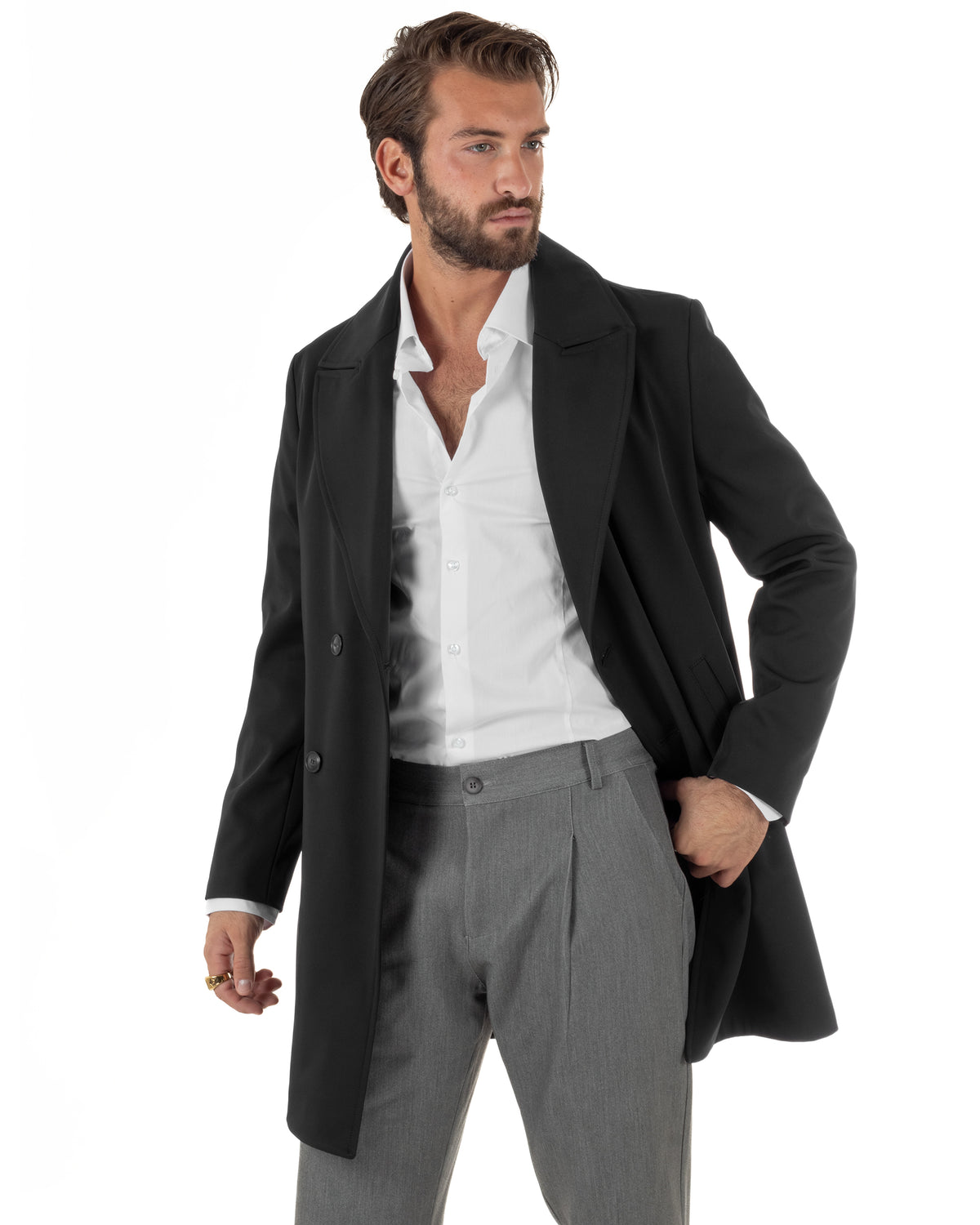 Trench cappotto uomo doppiopetto tessuto tecnico impermeabile rever a lancia nero BlackSunday-G3442A