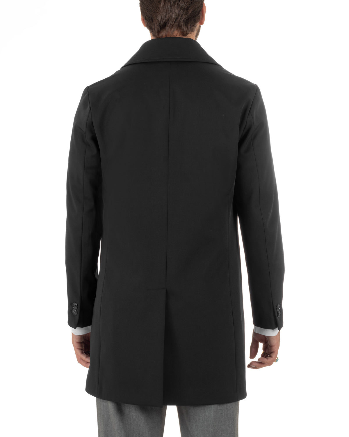 Trench cappotto uomo doppiopetto tessuto tecnico impermeabile rever a lancia nero BlackSunday-G3442A