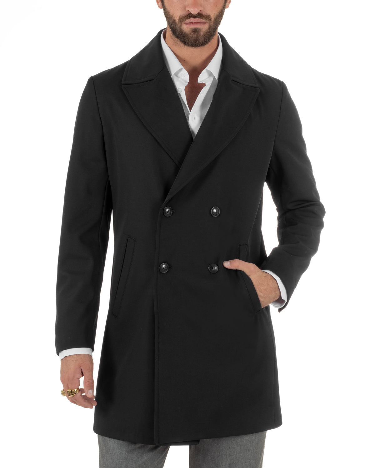 Trench cappotto uomo doppiopetto tessuto tecnico impermeabile rever a lancia nero BlackSunday-G3442A