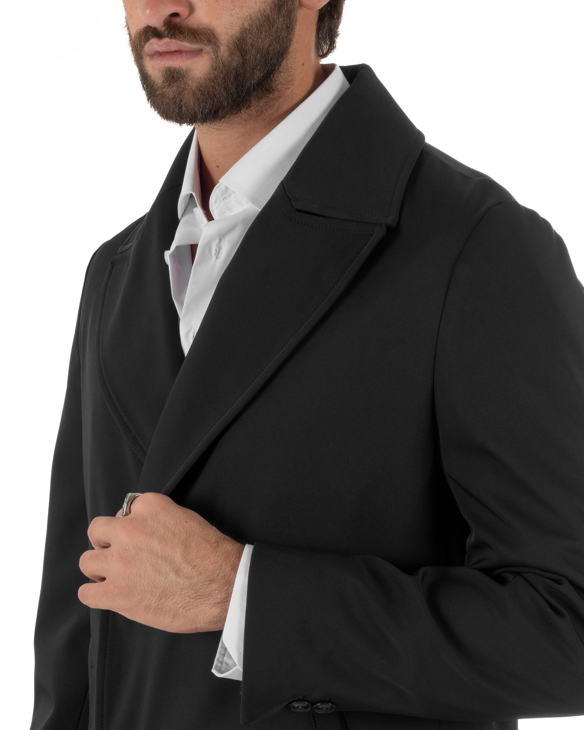 Trench cappotto uomo doppiopetto tessuto tecnico impermeabile rever a lancia nero BlackSunday-G3442A