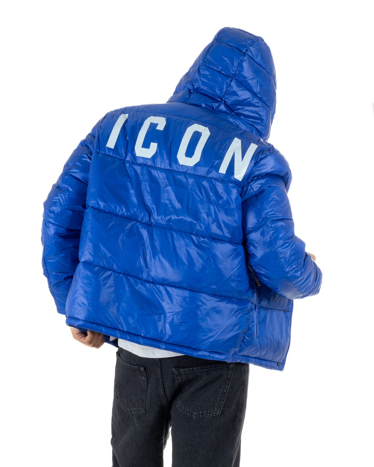 Giubbotto piumino uomo imbottito lucido con cappuccio e maxi logo blu royal ICON IUJ017