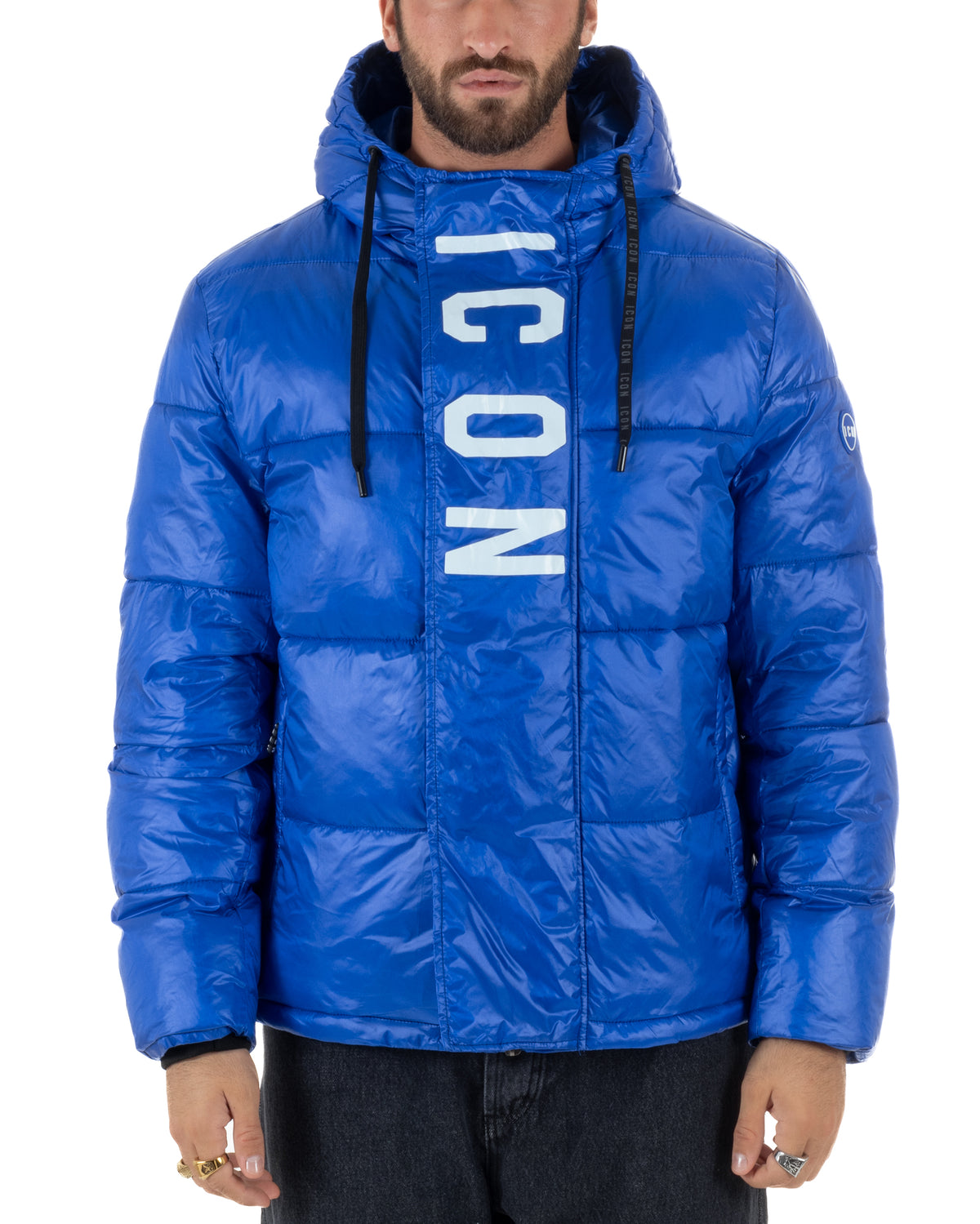 Giubbotto piumino uomo imbottito lucido con cappuccio e maxi logo blu royal ICON IUJ017