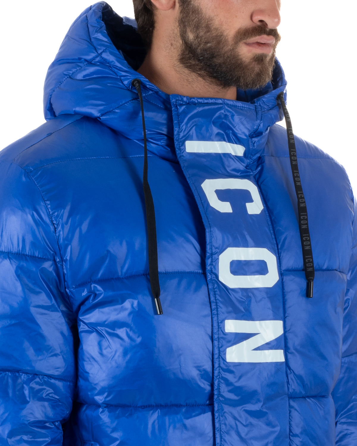 Giubbotto piumino uomo imbottito lucido con cappuccio e maxi logo blu royal ICON IUJ017