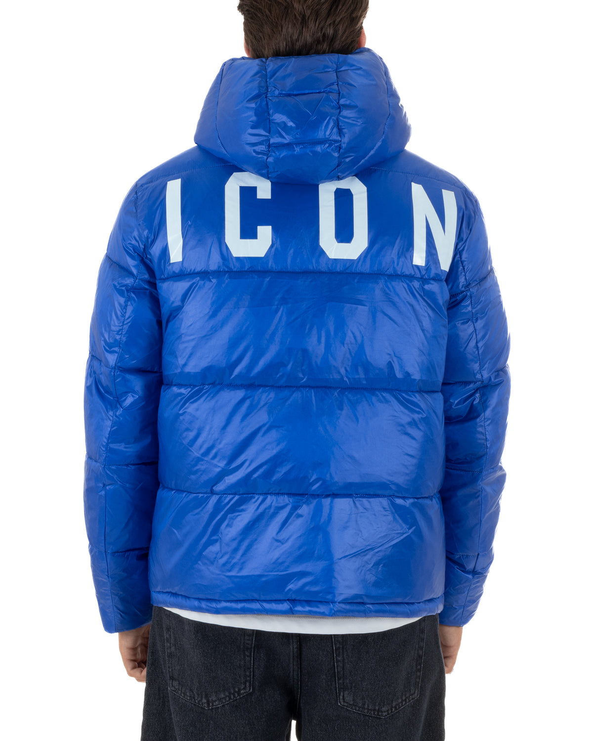 Giubbotto piumino uomo imbottito lucido con cappuccio e maxi logo blu royal ICON IUJ017