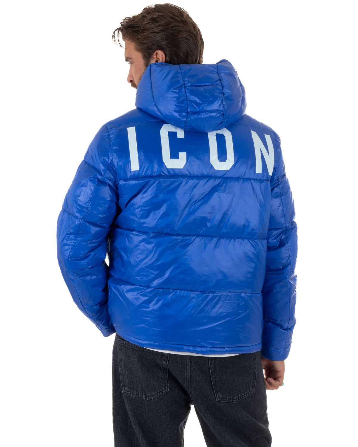 Giubbotto piumino uomo imbottito lucido con cappuccio e maxi logo blu royal ICON IUJ017