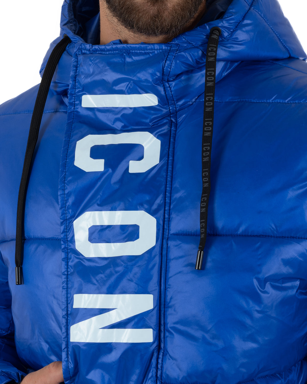 Giubbotto piumino uomo imbottito lucido con cappuccio e maxi logo blu royal ICON IUJ017