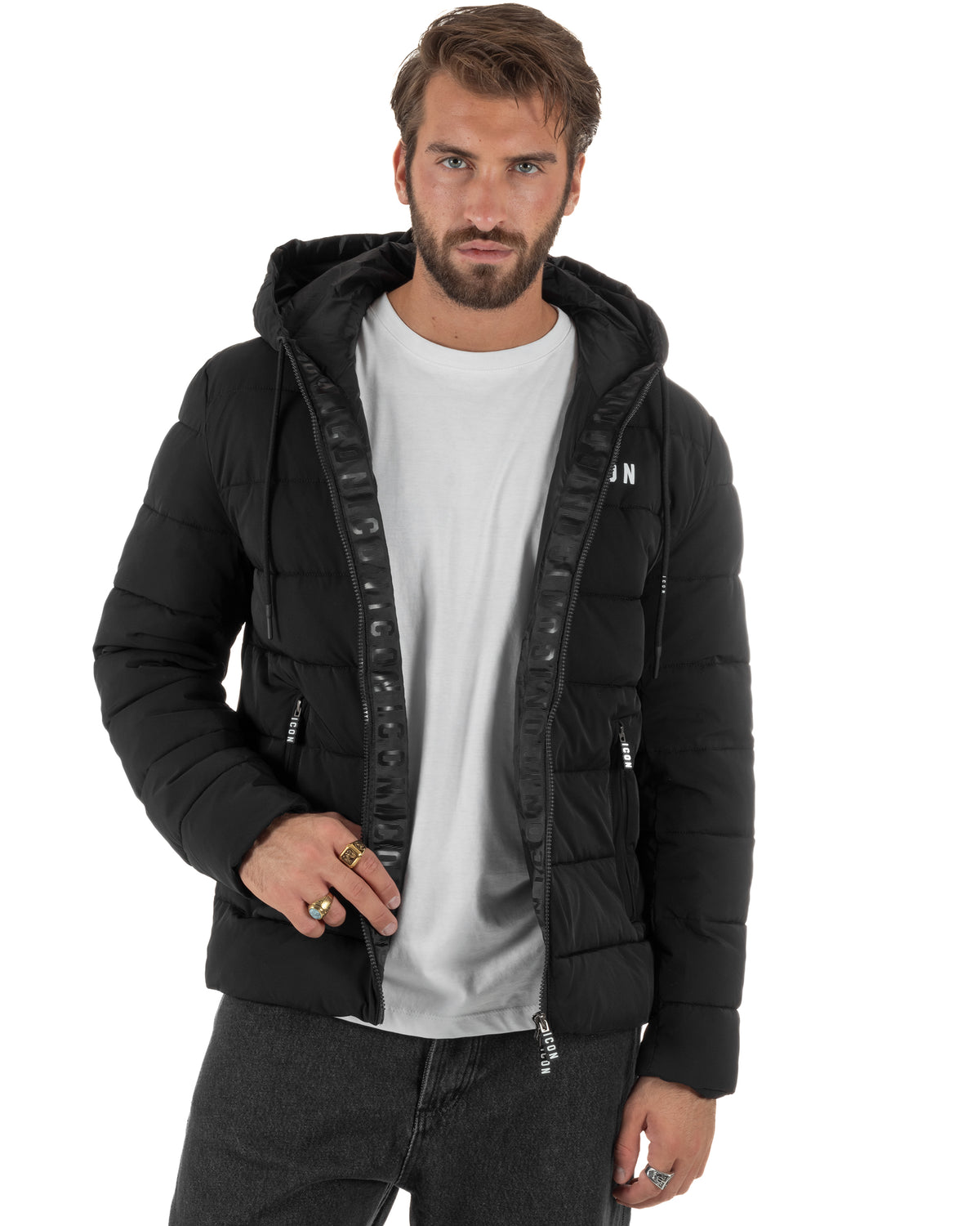 Giubbotto piumino uomo imbottito trapuntato zip con cappuccio e logo nero ICON IUJ019