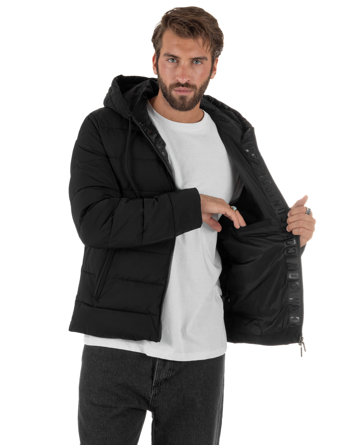 Giubbotto piumino uomo imbottito trapuntato zip con cappuccio e logo nero ICON IUJ019