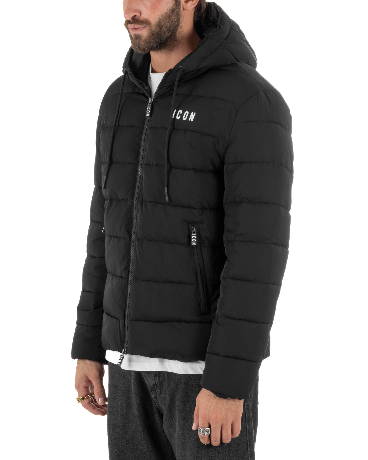Giubbotto piumino uomo imbottito trapuntato zip con cappuccio e logo nero ICON IUJ019