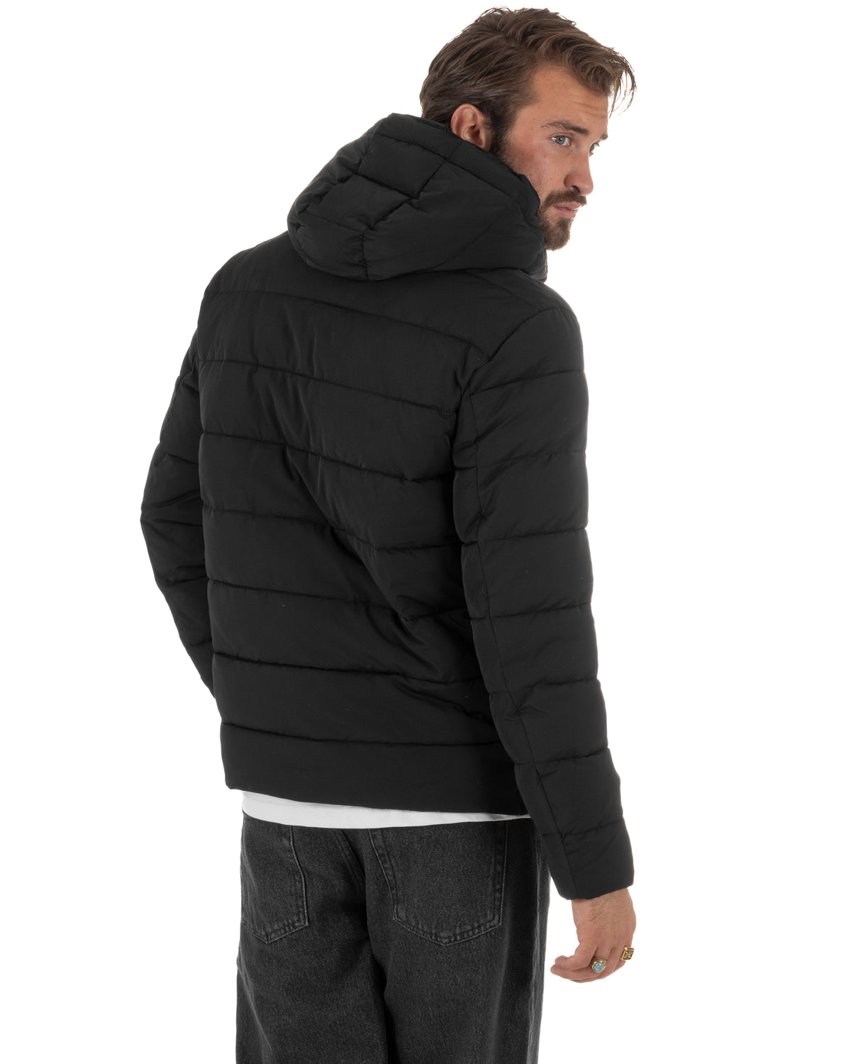 Giubbotto piumino uomo imbottito trapuntato zip con cappuccio e logo nero ICON IUJ019