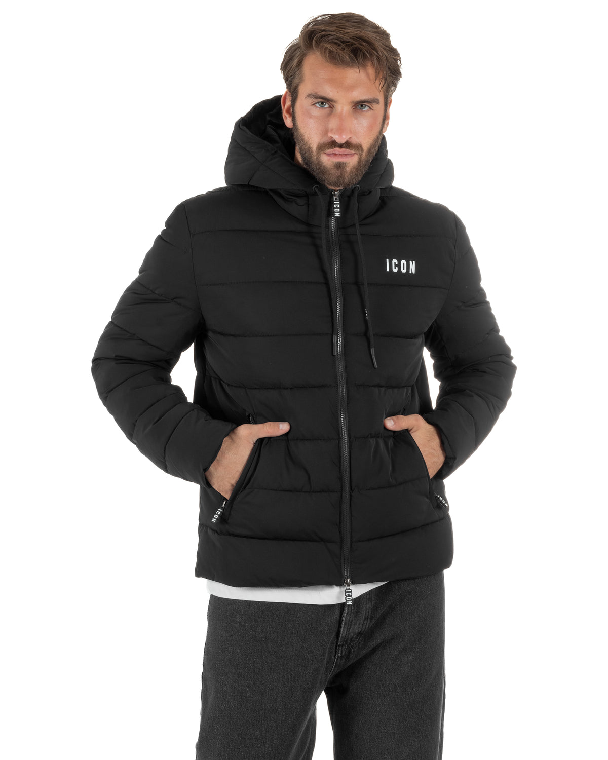 Giubbotto piumino uomo imbottito trapuntato zip con cappuccio e logo nero ICON IUJ019