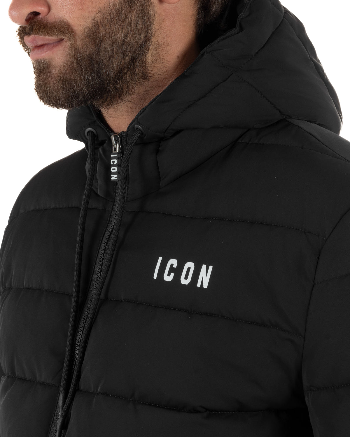 Giubbotto piumino uomo imbottito trapuntato zip con cappuccio e logo nero ICON IUJ019