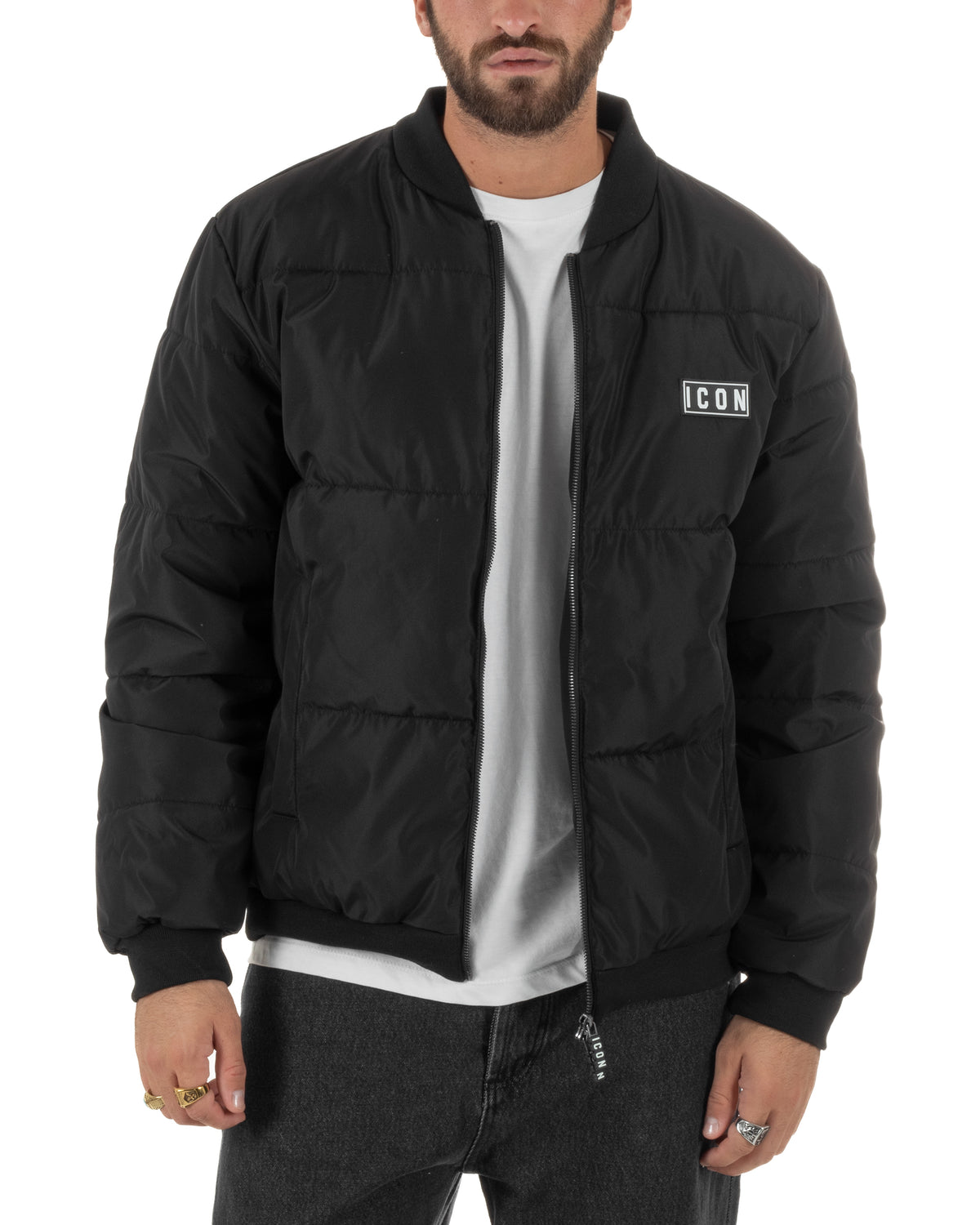 Giubbotto bomber uomo zip maxi logo posteriore nero ICON IUPREJ003