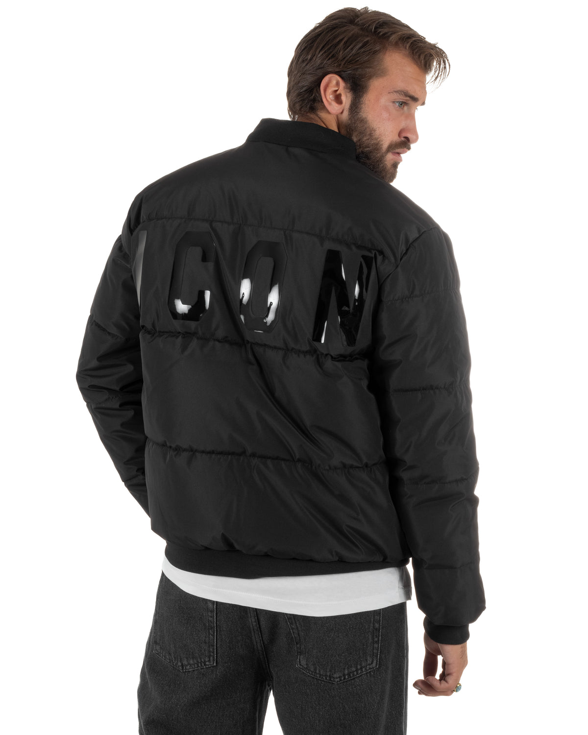Giubbotto bomber uomo zip maxi logo posteriore nero ICON IUPREJ003