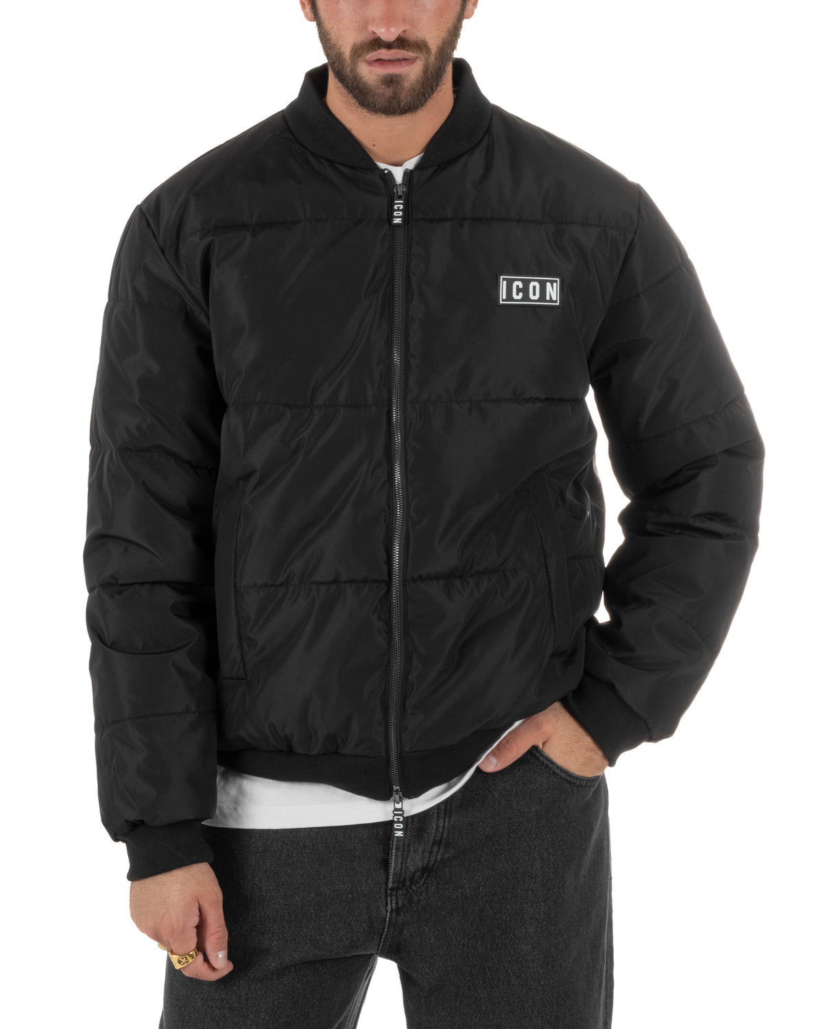Giubbotto bomber uomo zip maxi logo posteriore nero ICON IUPREJ003