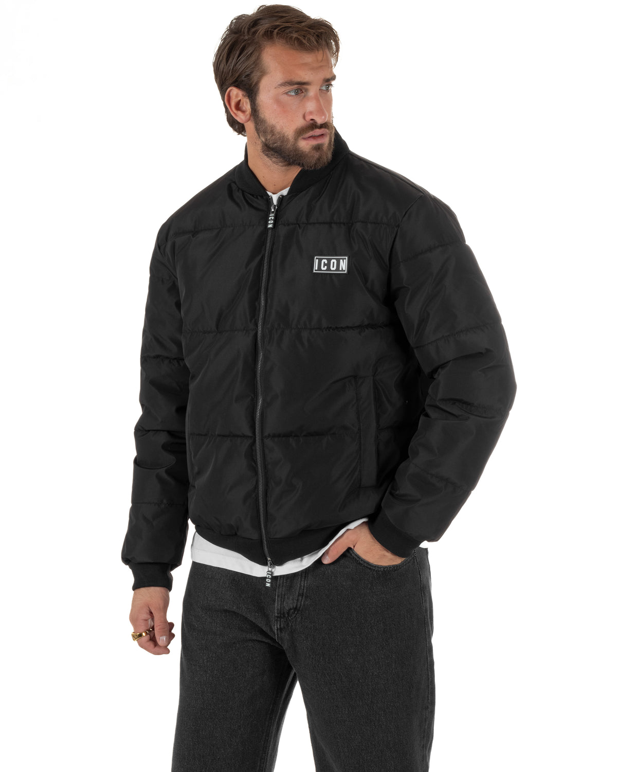 Giubbotto bomber uomo zip maxi logo posteriore nero ICON IUPREJ003