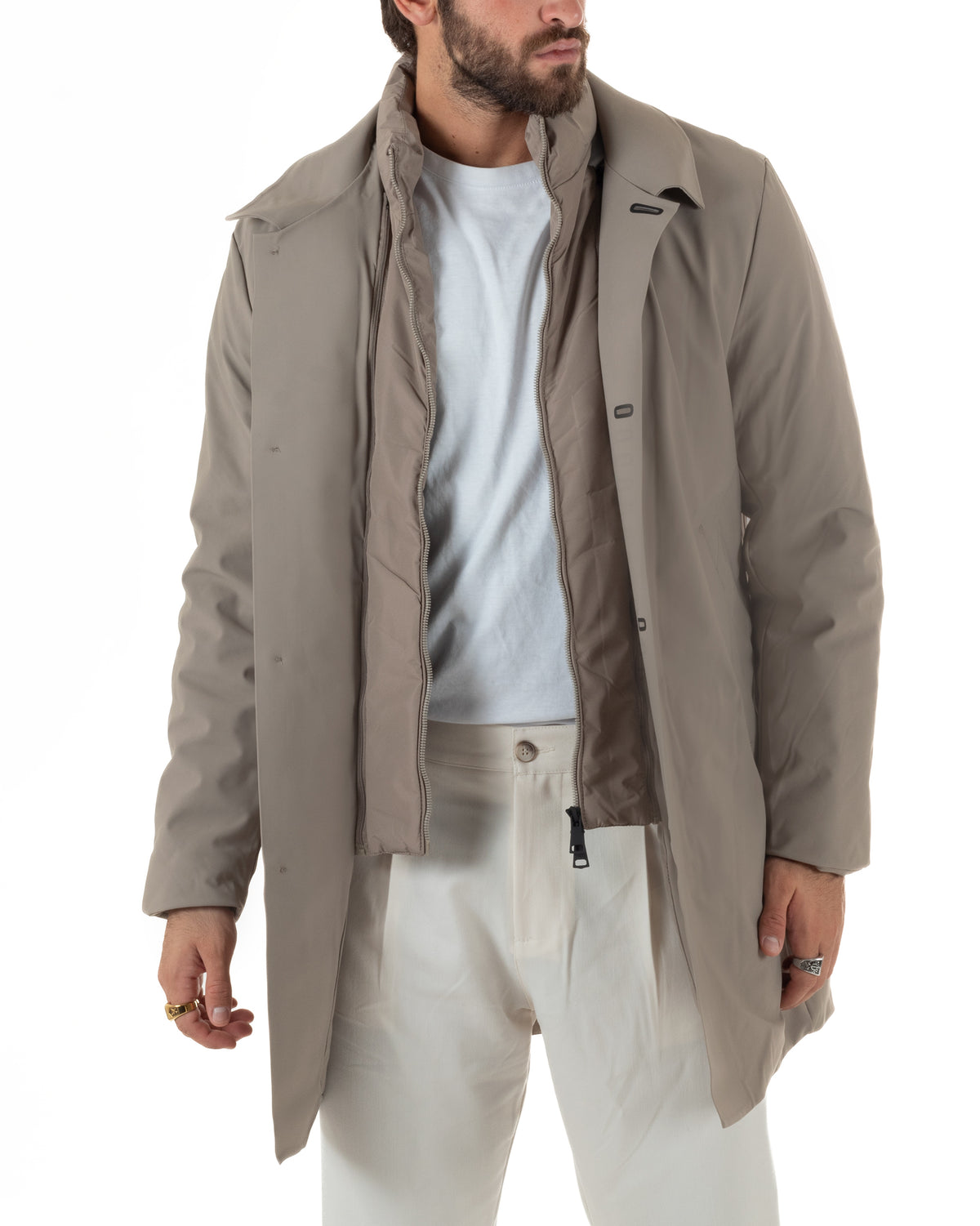 Chaqueta de hombre tipo gabardina impermeable de tejido técnico acolchado con cuello alto beige GIOSAL-G3448A
