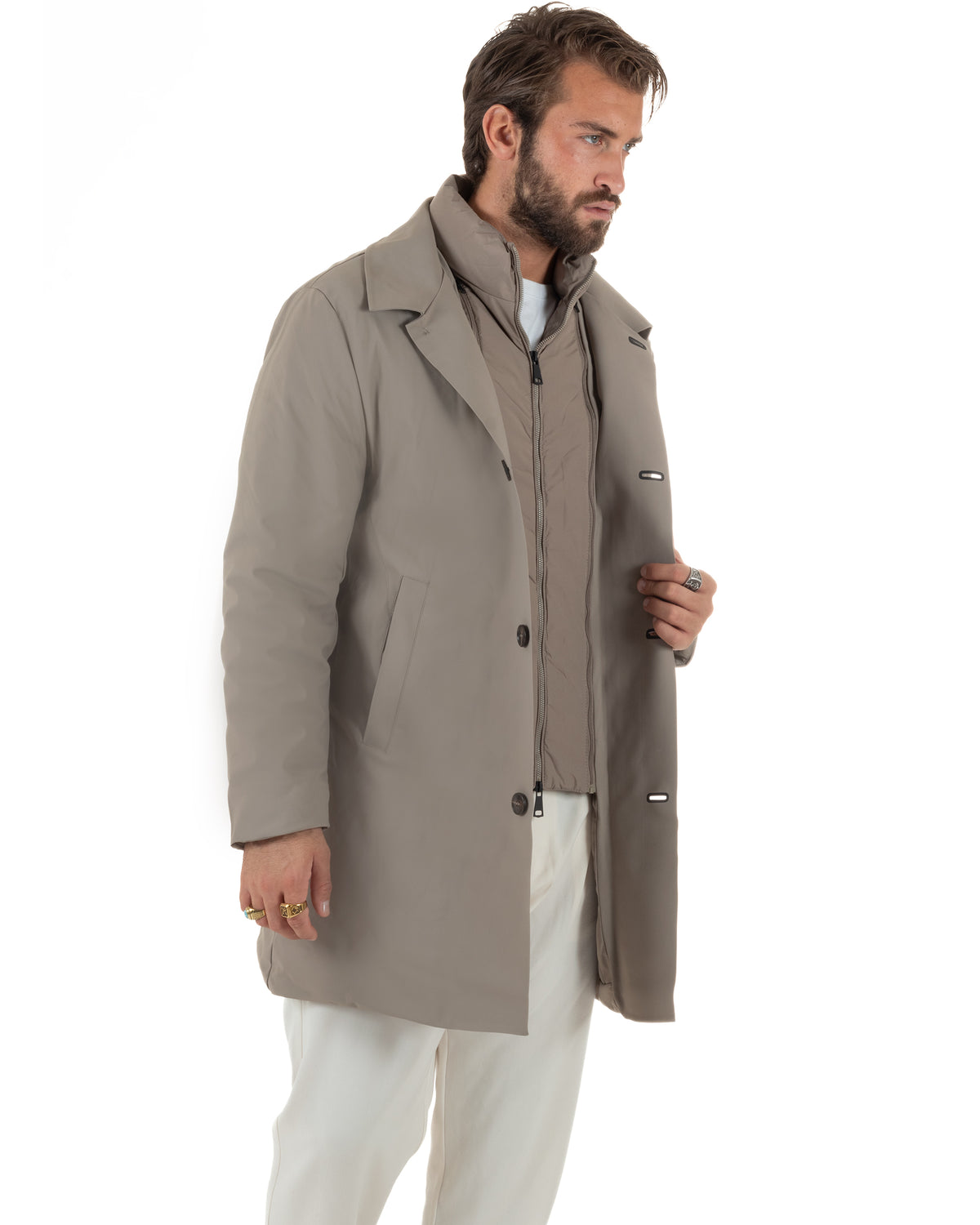 Chaqueta de hombre tipo gabardina impermeable de tejido técnico acolchado con cuello alto beige GIOSAL-G3448A