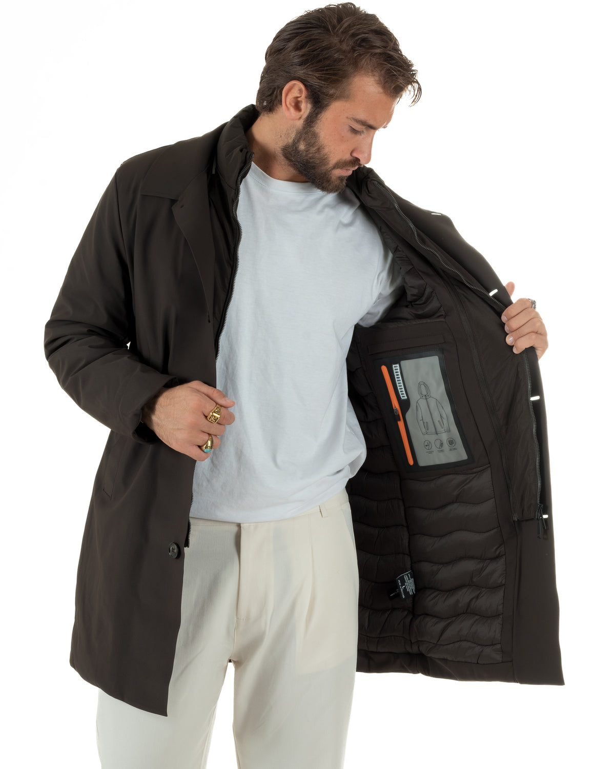 Chaqueta de hombre tipo trench impermeable de tejido técnico acolchado cuello alto marrón GIOSAL-G3449A