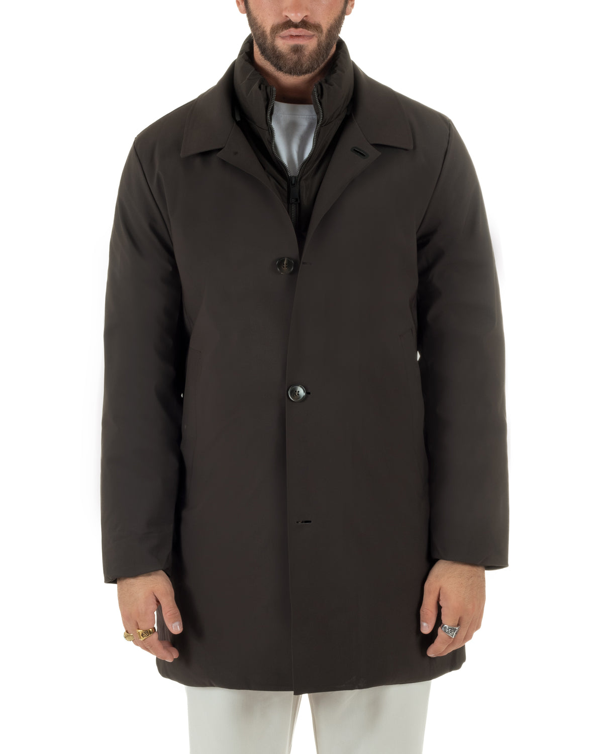 Chaqueta de hombre tipo trench impermeable de tejido técnico acolchado cuello alto marrón GIOSAL-G3449A