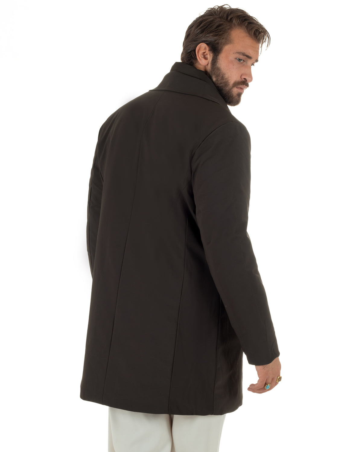 Chaqueta de hombre tipo trench impermeable de tejido técnico acolchado cuello alto marrón GIOSAL-G3449A