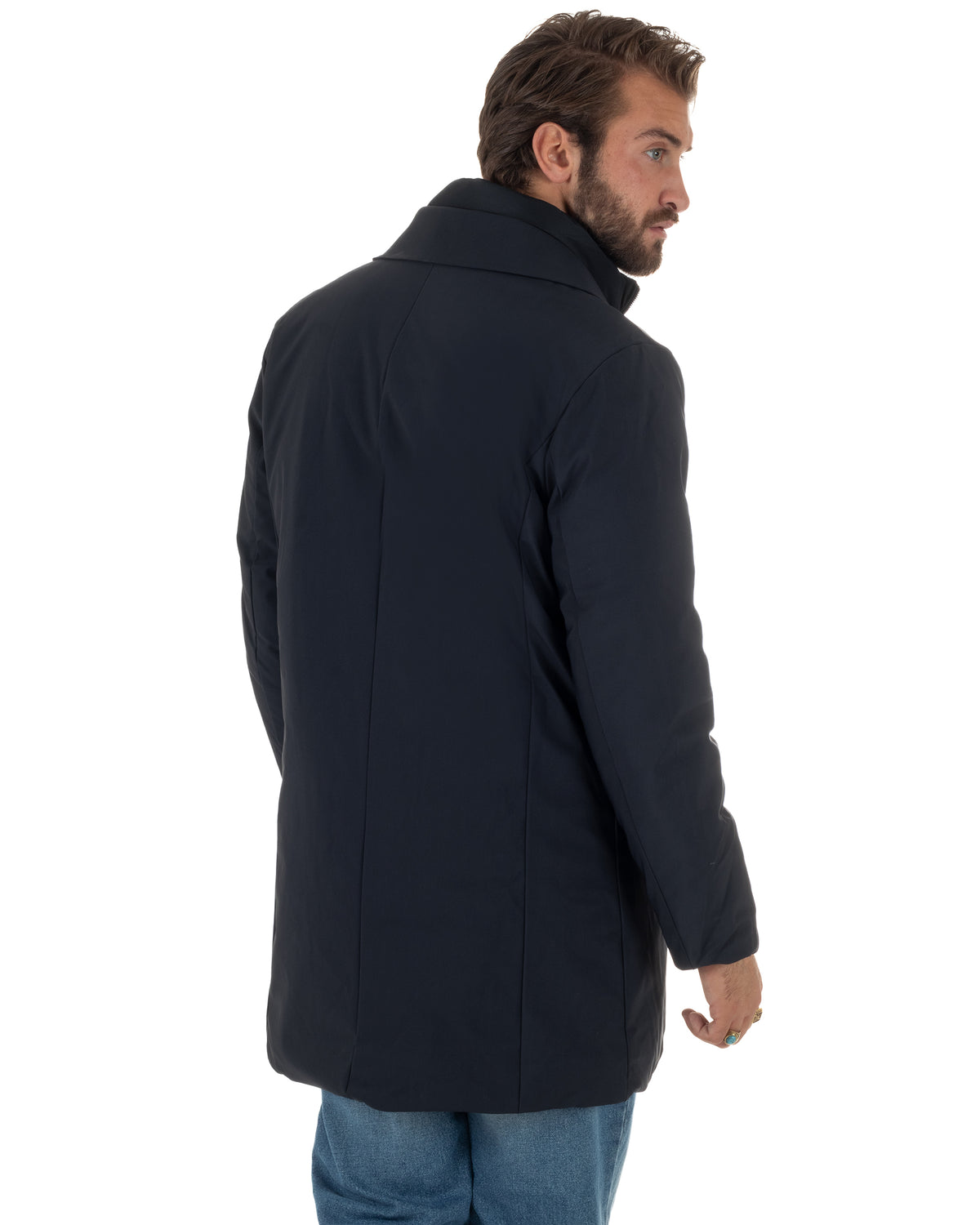 Chaqueta de hombre tipo trench impermeable de tejido técnico acolchada cuello alto azul GIOSAL-G3450A