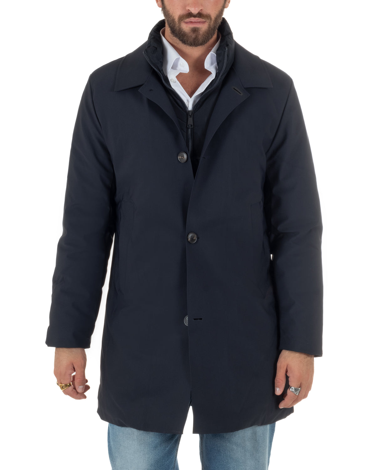 Chaqueta de hombre tipo trench impermeable de tejido técnico acolchada cuello alto azul GIOSAL-G3450A