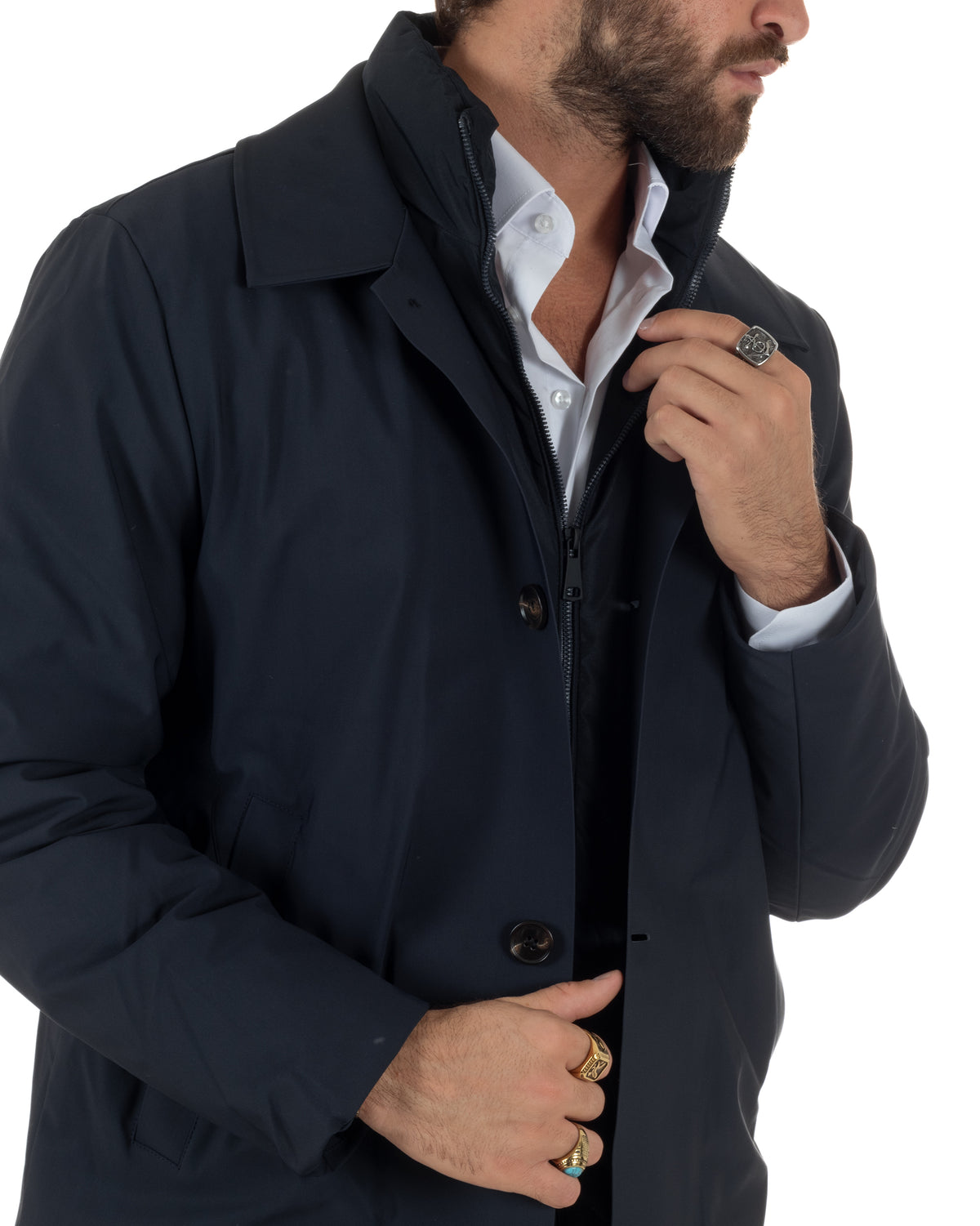 Chaqueta de hombre tipo trench impermeable de tejido técnico acolchada cuello alto azul GIOSAL-G3450A