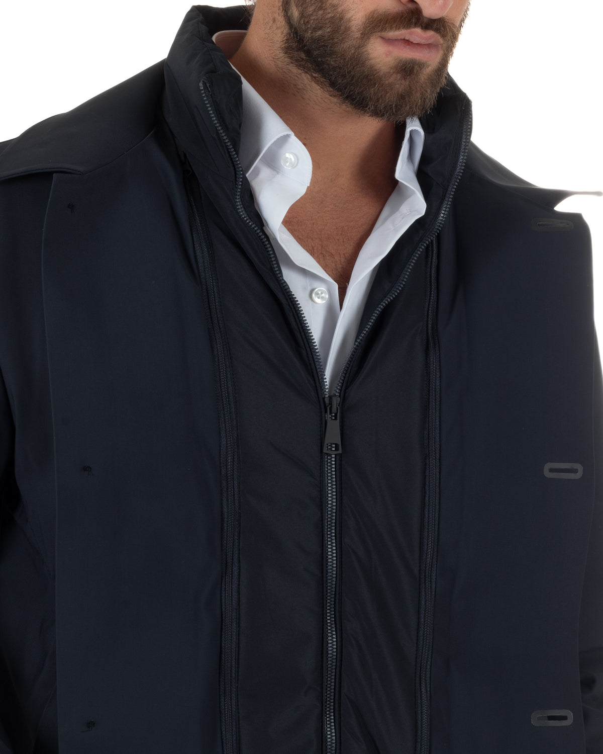 Chaqueta de hombre tipo trench impermeable de tejido técnico acolchada cuello alto azul GIOSAL-G3450A