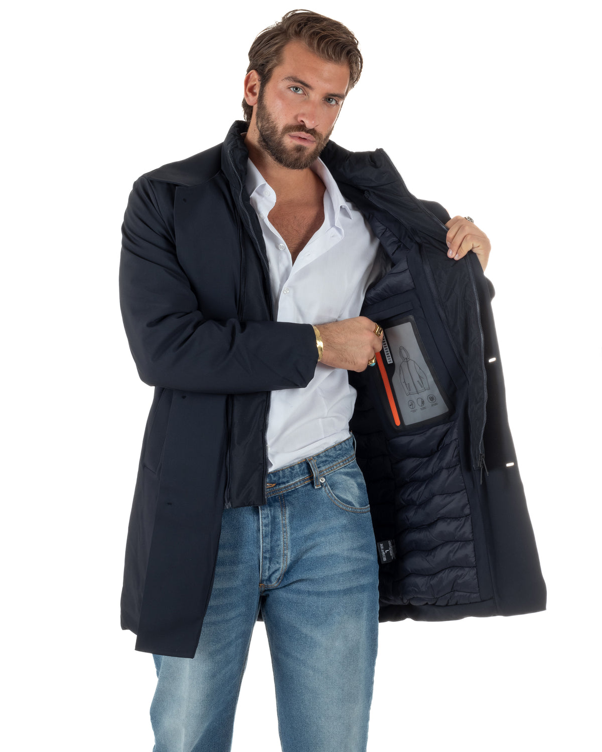 Chaqueta de hombre tipo trench impermeable de tejido técnico acolchada cuello alto azul GIOSAL-G3450A