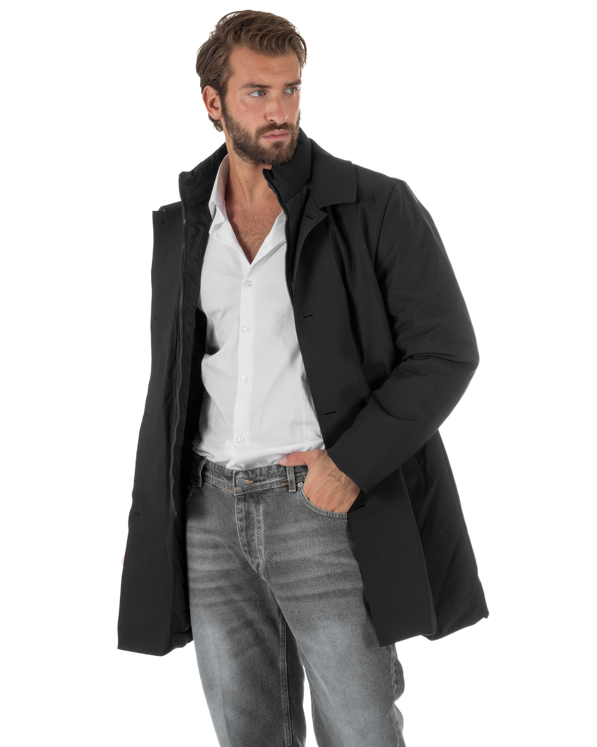Chaqueta de hombre tipo trench impermeable de tejido técnico acolchado con cuello alto negra GIOSAL-G3451A