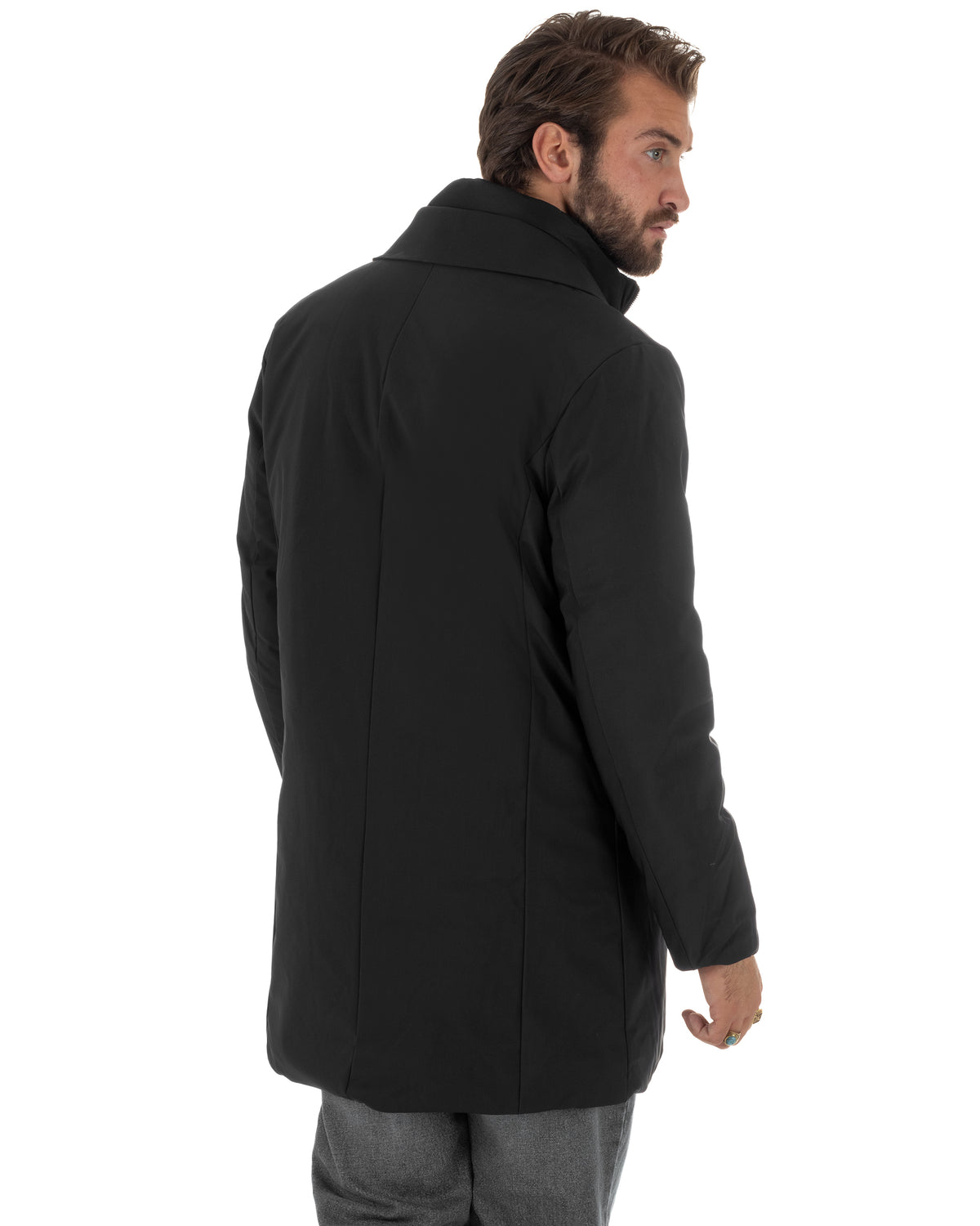 Giubbotto uomo trench impermeabile tessuto tecnico imbottito con pettorina nero GIOSAL-G3451A