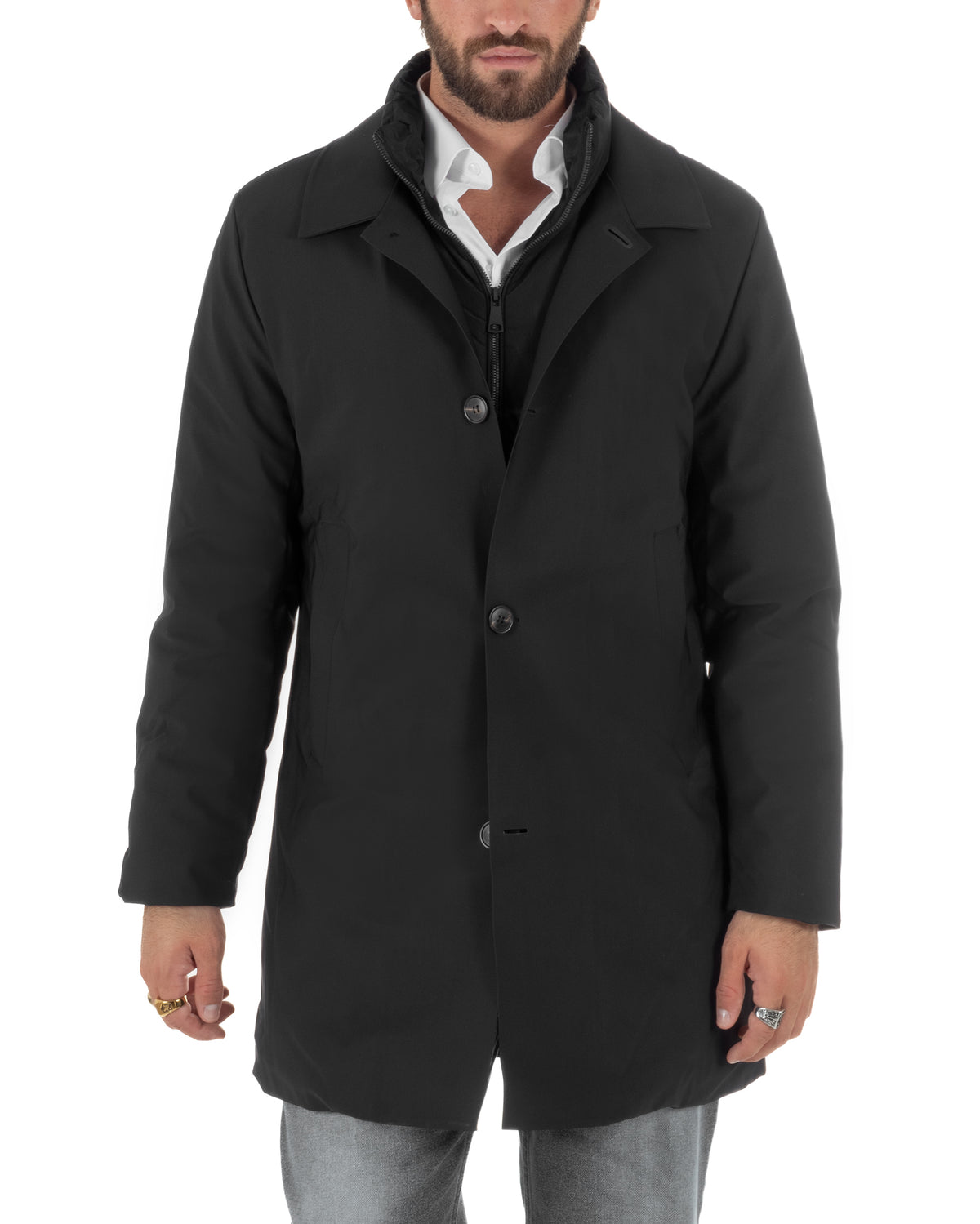 Chaqueta de hombre tipo trench impermeable de tejido técnico acolchado con cuello alto negra GIOSAL-G3451A