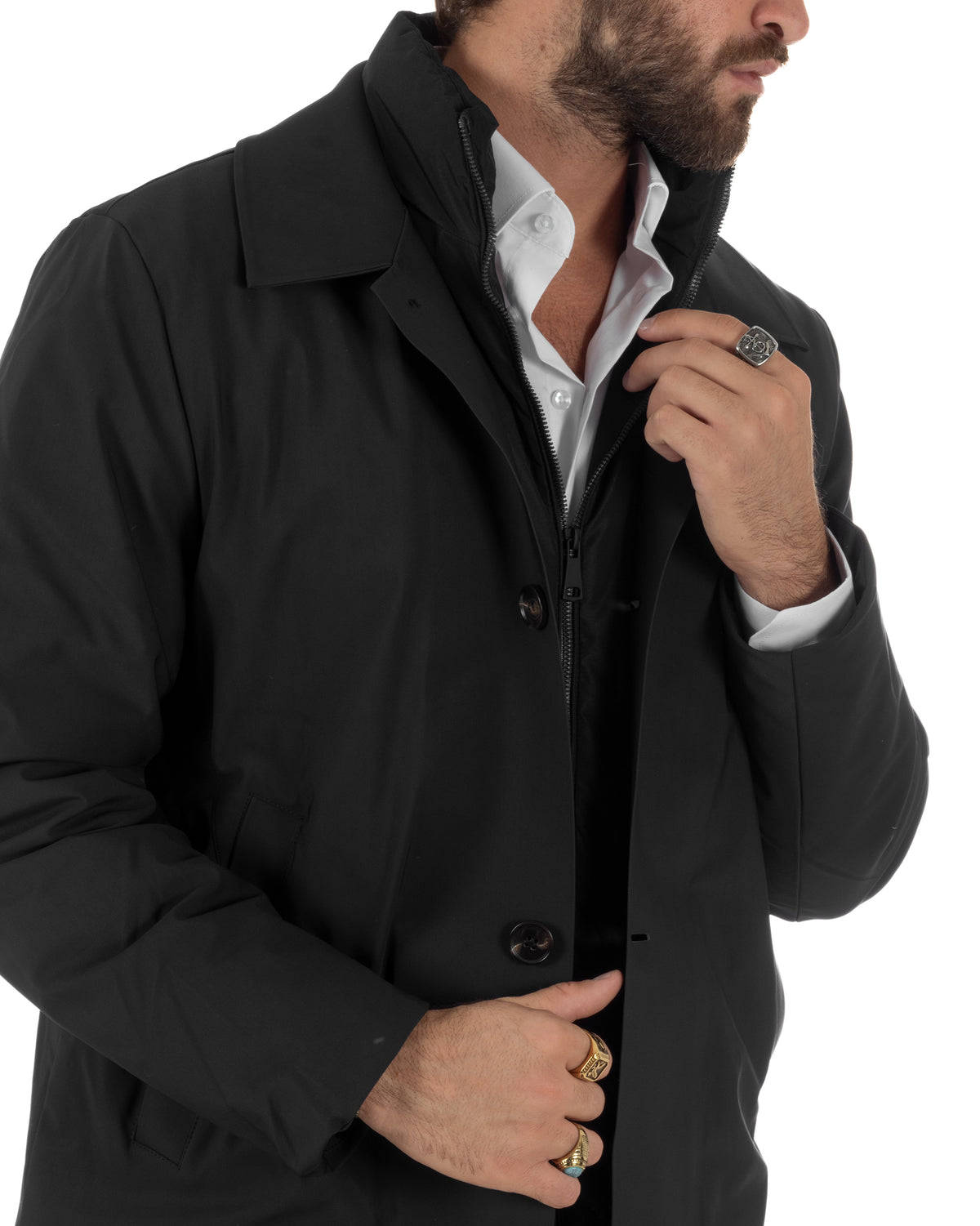 Giubbotto uomo trench impermeabile tessuto tecnico imbottito con pettorina nero GIOSAL-G3451A