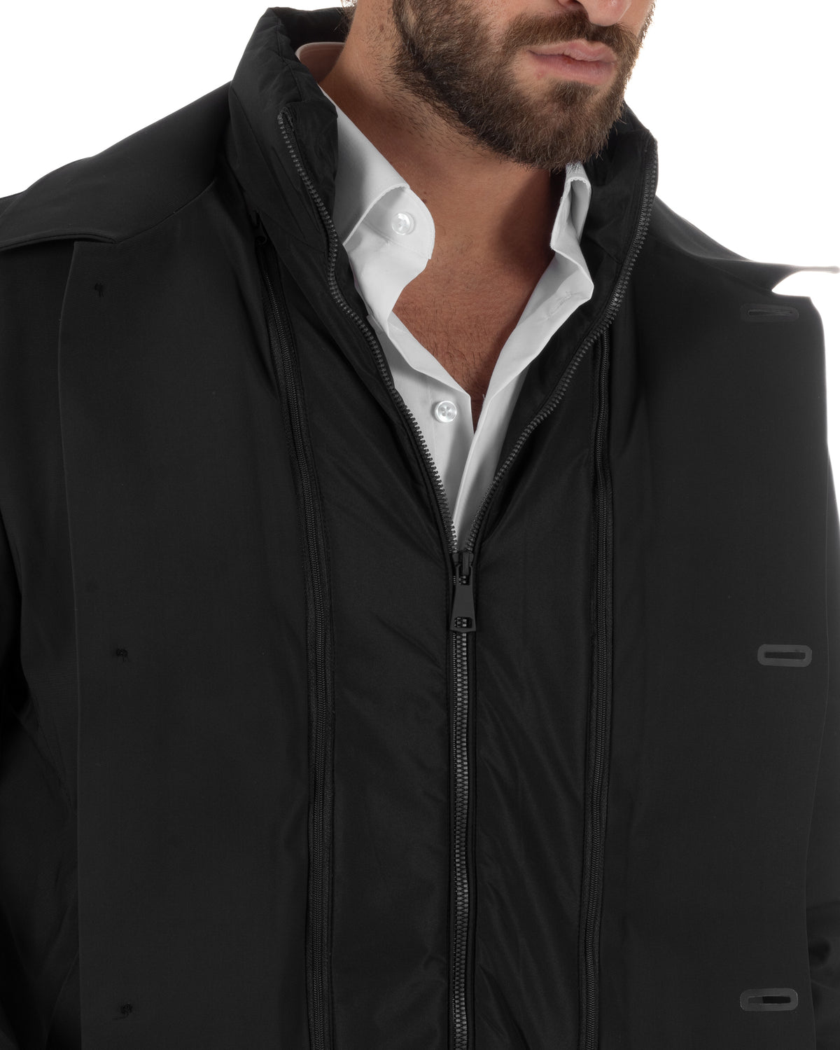Giubbotto uomo trench impermeabile tessuto tecnico imbottito con pettorina nero GIOSAL-G3451A