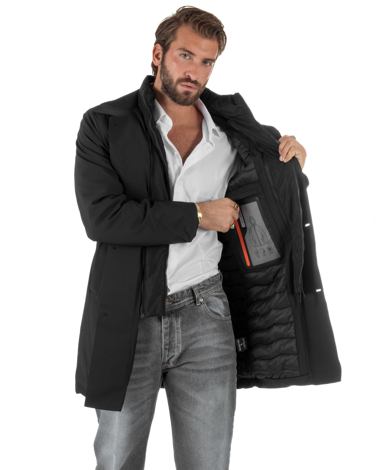Giubbotto uomo trench impermeabile tessuto tecnico imbottito con pettorina nero GIOSAL-G3451A
