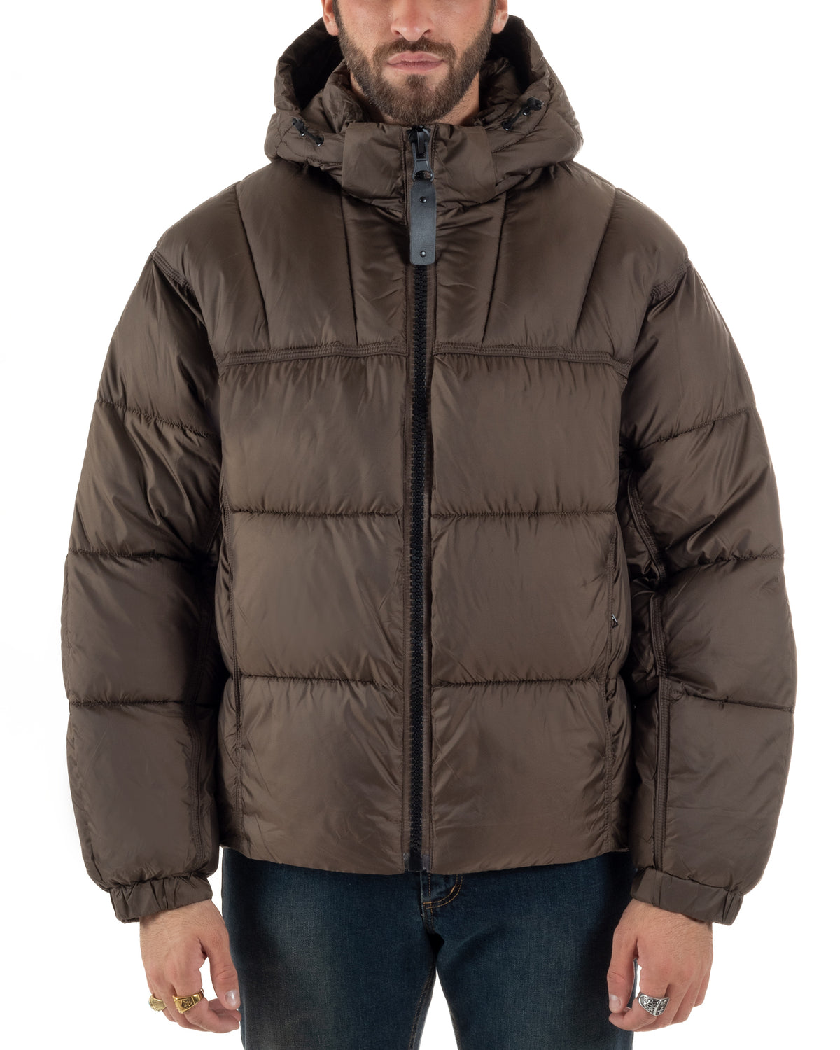 Giubbotto uomo oversize piumino zip collo alto puffer cappuccio marrone GIOSAL-G3452A